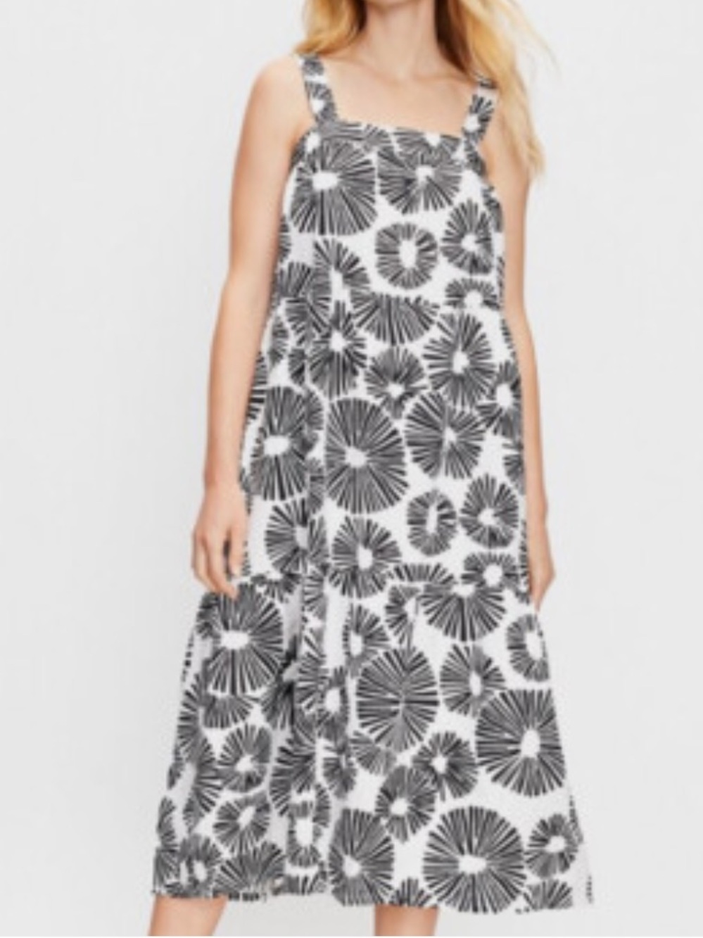 LOFT Linen Blend Black White Floral Burst Strappy Tiered Midi Sundress Petite M